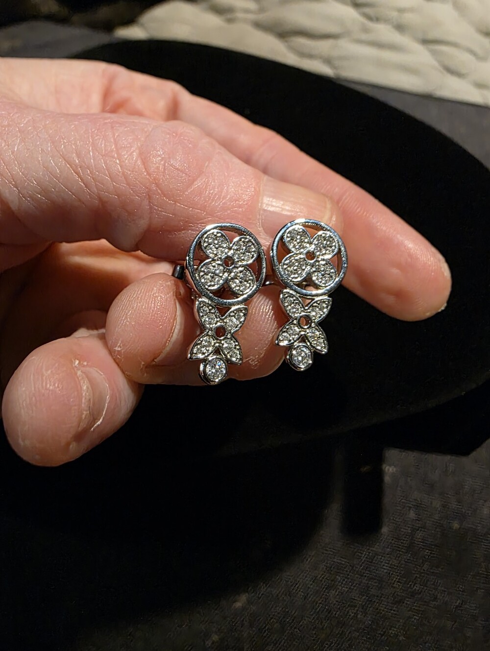 USED...LV Silver With Crystals Floral Drop Stud Earrings - Women Jewelry - Picture 6 of 9